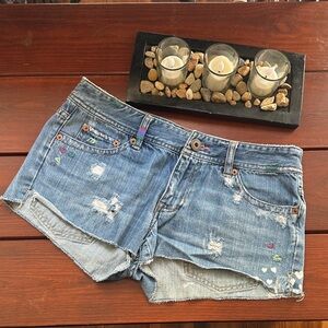 Distressed Light Blue Denim Cutoff Shorts with Heart Embroidery- 6